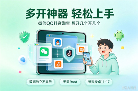 安卓环游世界多开神器插画：一部手机同时运行微信QQ抖音淘宝多个账号。